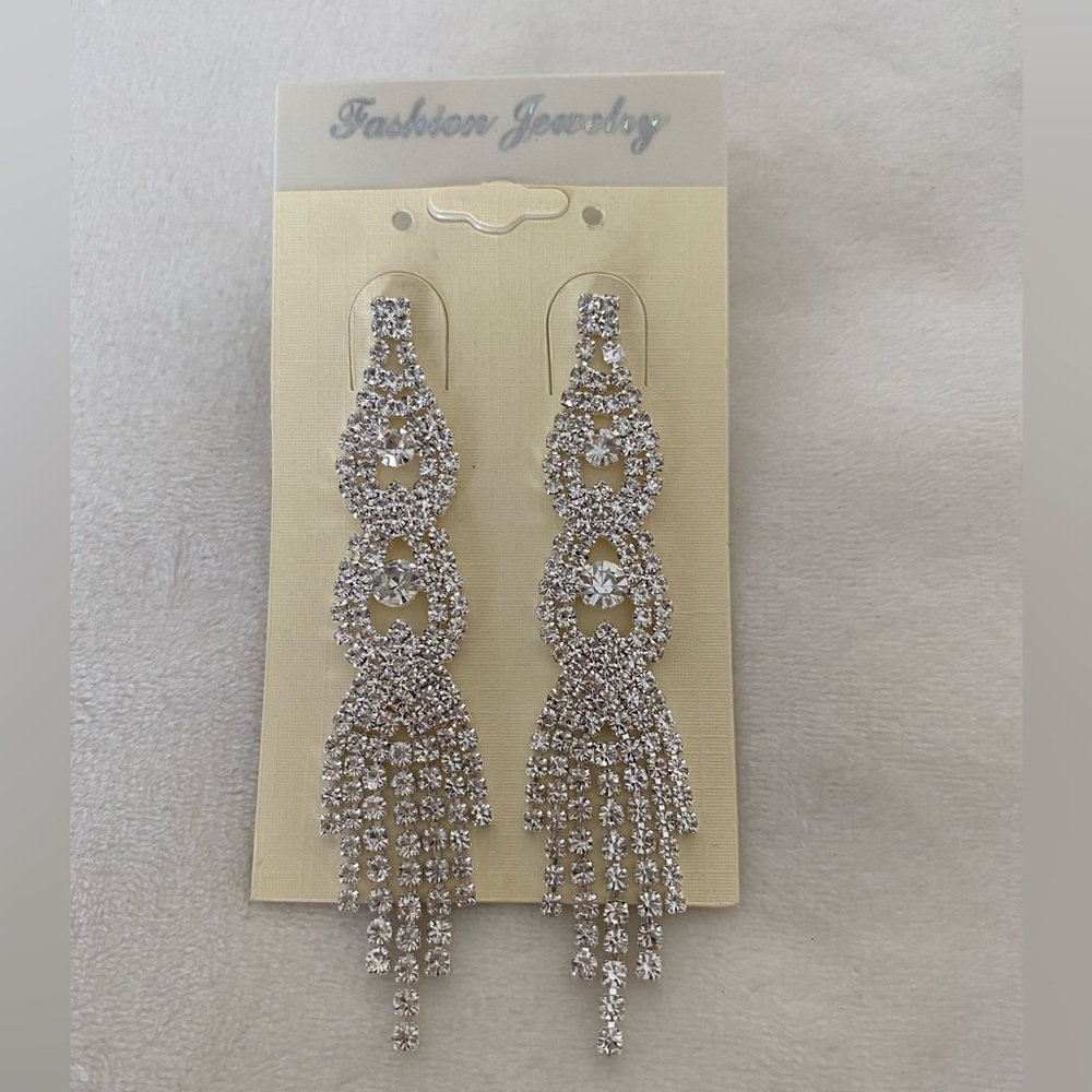 Chandelier clear crystal rhinestone silver earrings wedding bridal New - Picture 6 of 7